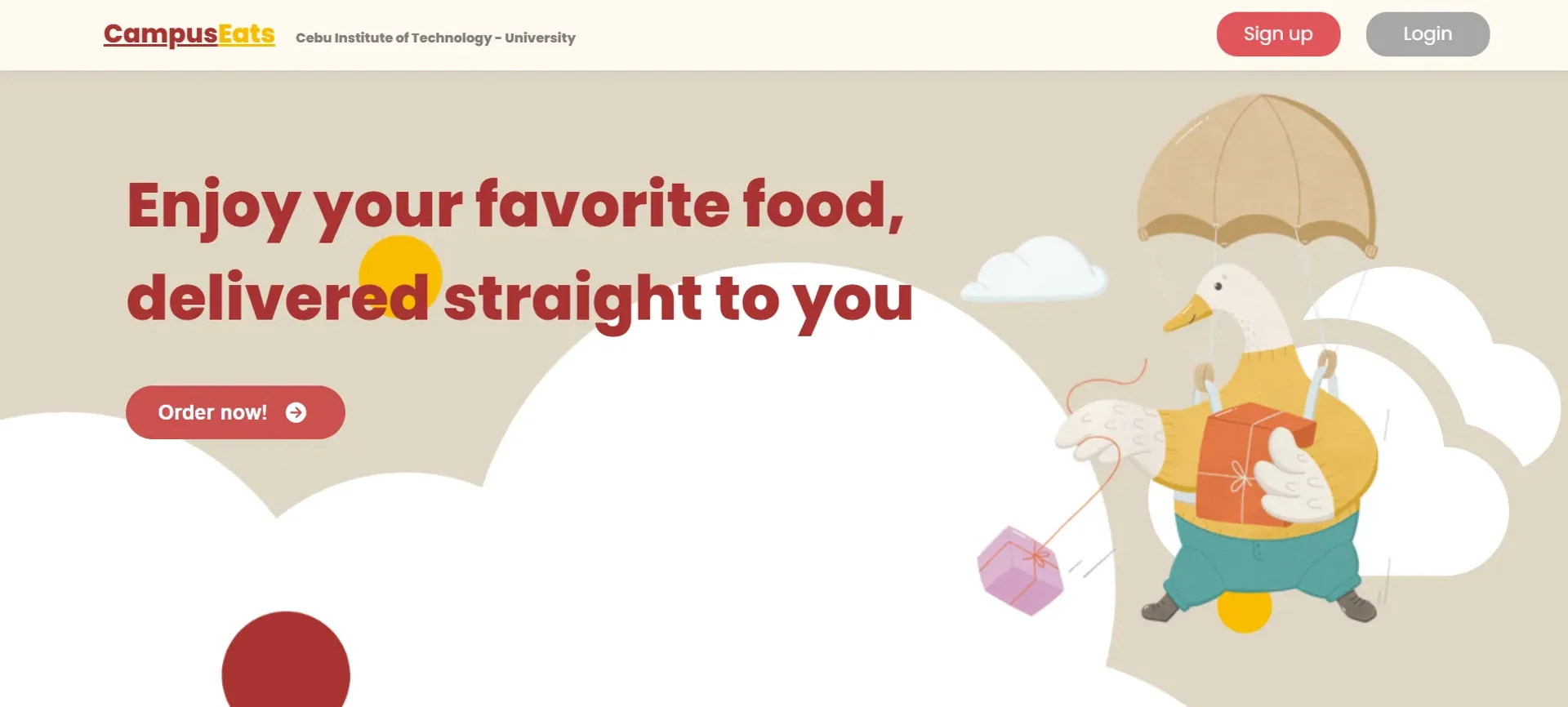 The Campus Eats vendor listing: campus food stall cards with menu previews and prices, above the current order's live tracking status.