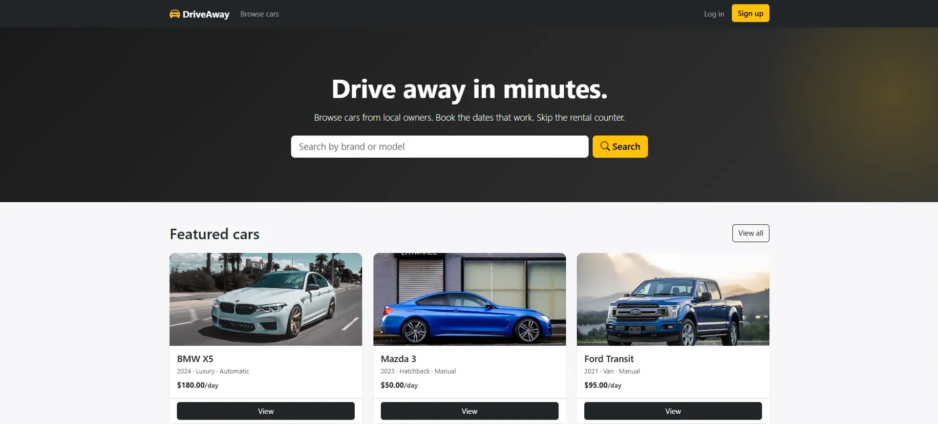 The Car Rental browse page: vehicle listing cards with daily rates, availability dates and owner ratings, beside the date-range filter.