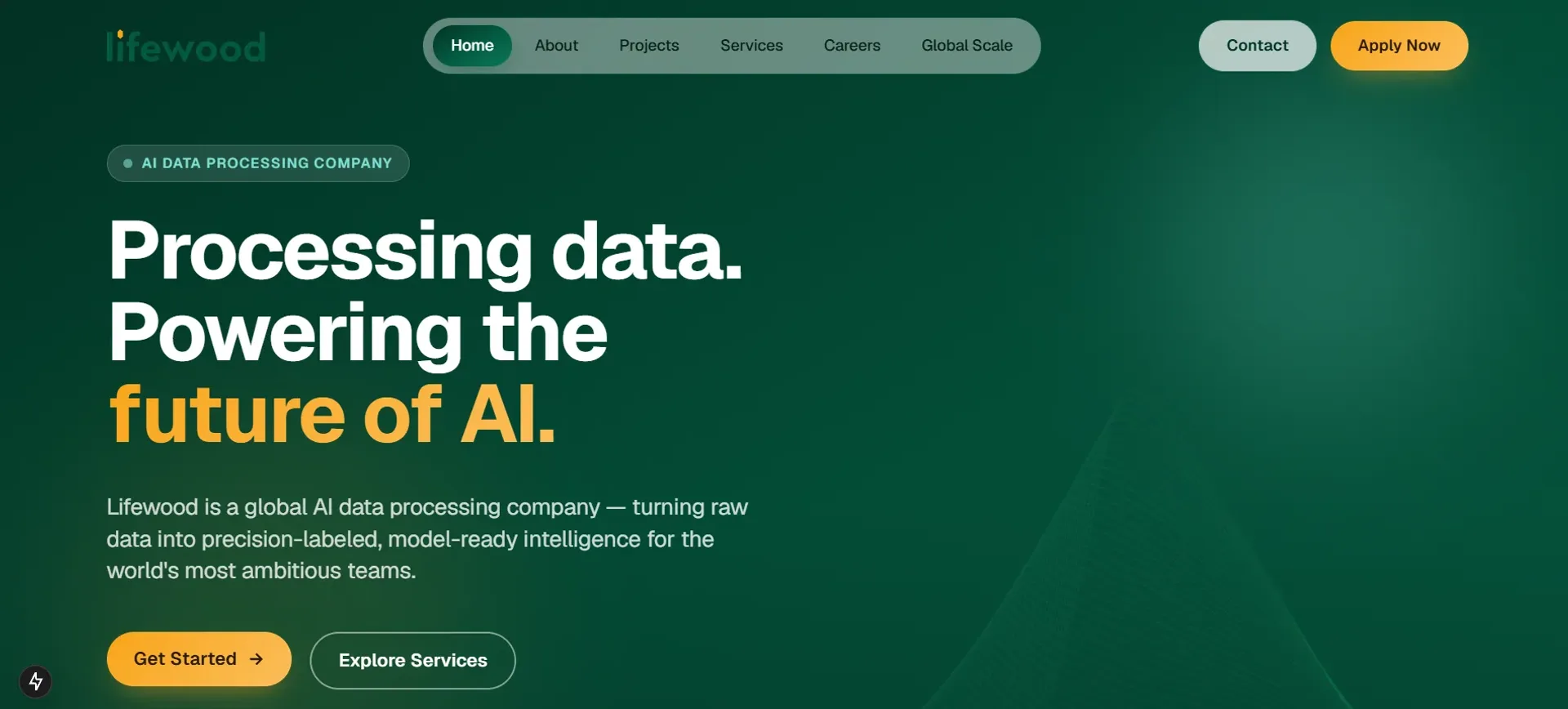 The Lifewood corporate website homepage: a full-width hero with the company positioning statement over a frosted-glass panel, and service cards below it.