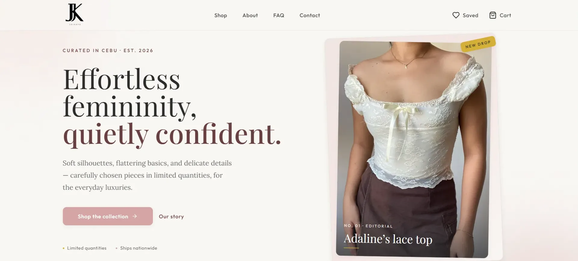 The JhiKaye storefront: an editorial product grid of clothing pieces with prices, a soft neutral palette and a wishlist icon in the header.