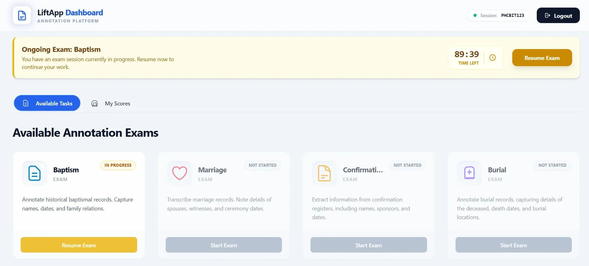 The LiftApp workspace: a scanned handwritten baptism record on the left with contrast controls, and a structured data-entry table on the right.