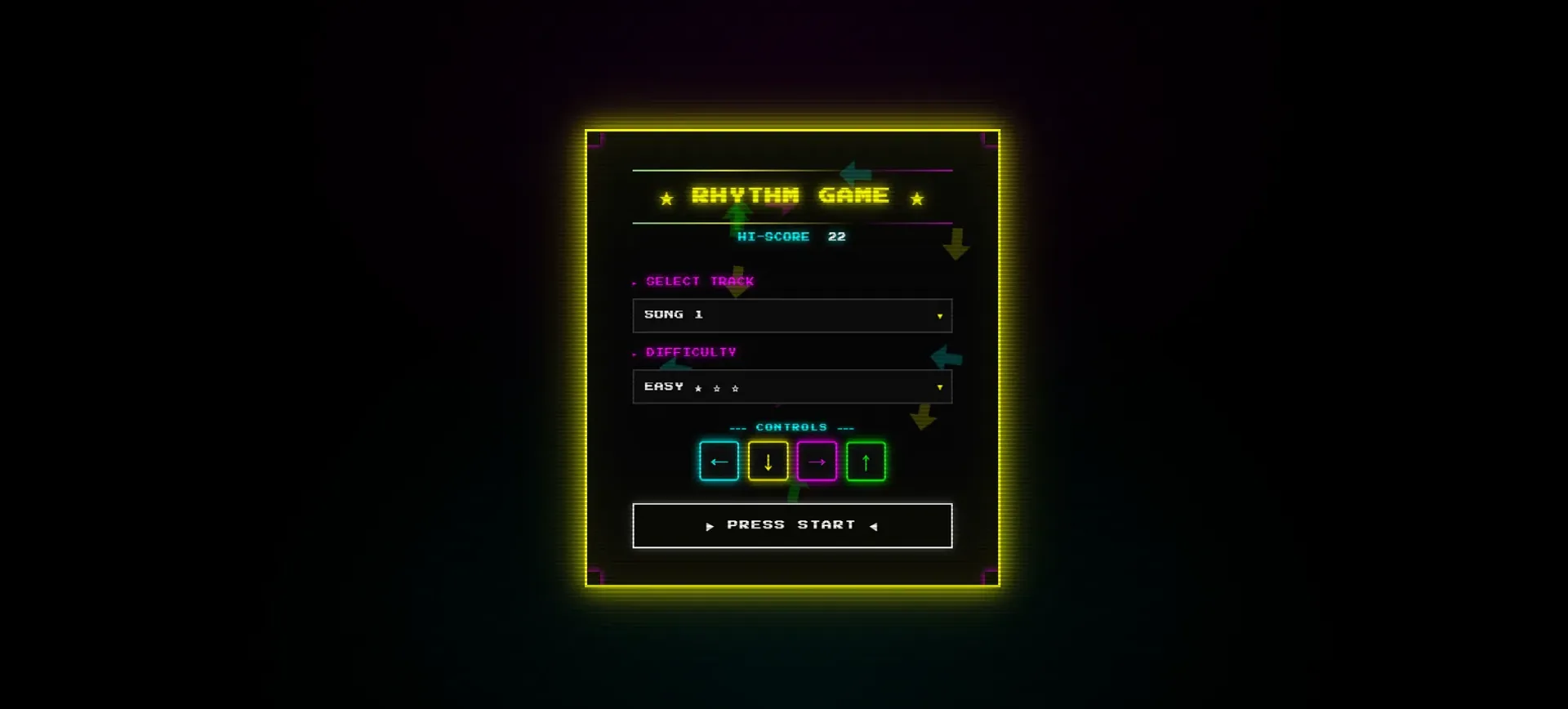 The rhythm game in play: four vertical lanes of falling neon arrow notes above the hit line, with the combo counter and score in the corner.