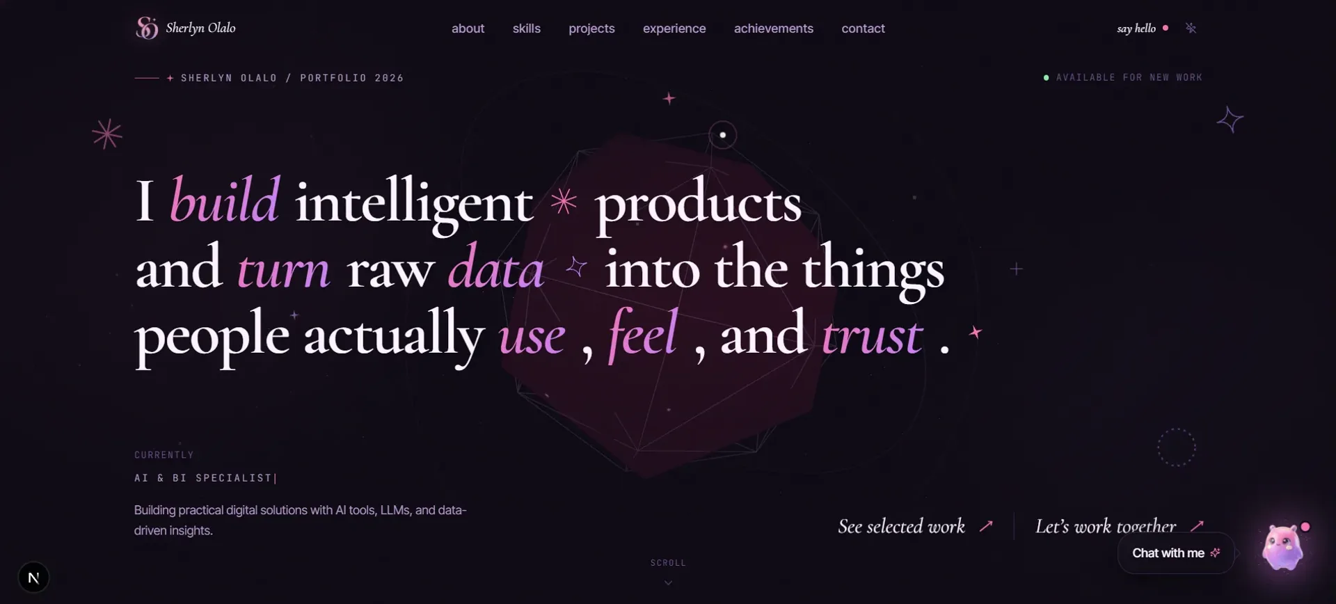 The previous portfolio homepage: a dark violet mosaic of project tiles with large display type and a glass-panelled hero.