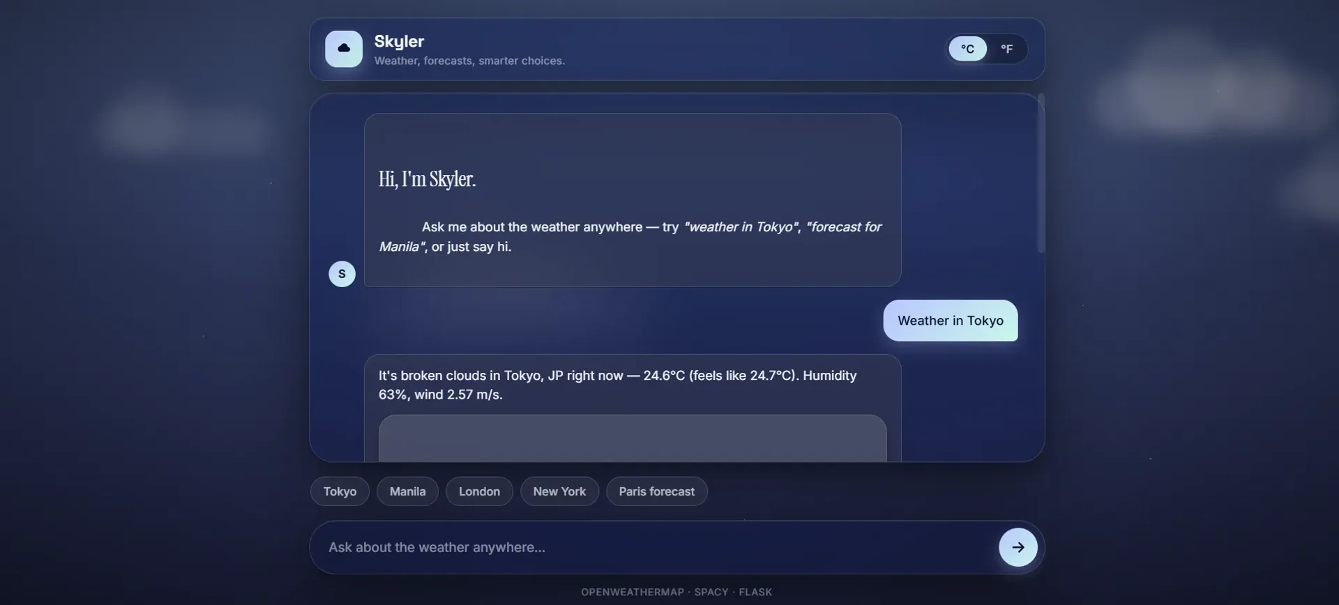 The Skyler chat interface: a user asking whether it will rain tomorrow, with the assistant's forecast reply beneath it.