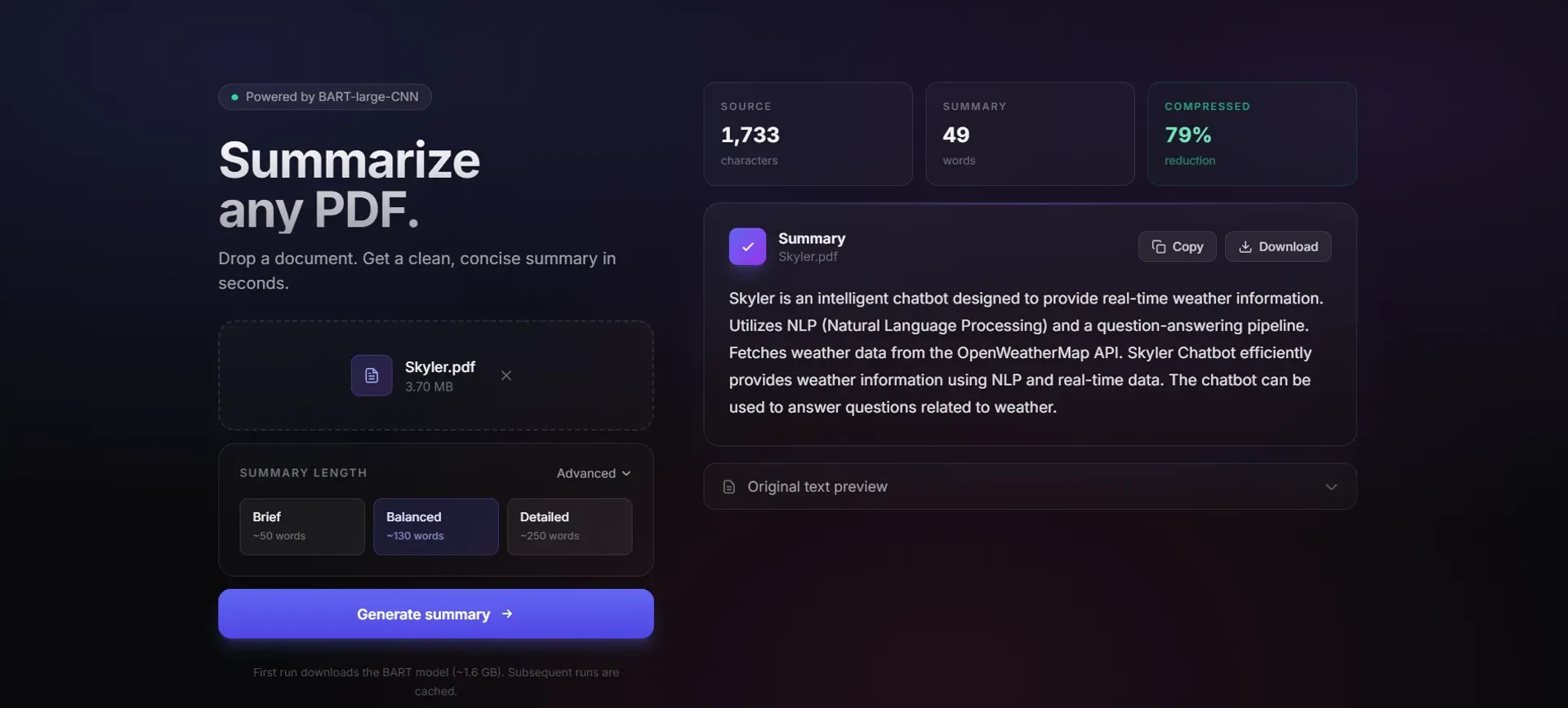 The SummaPDF interface: a PDF drop zone with Brief, Balanced and Detailed length options, and a generated summary card with copy and download buttons.