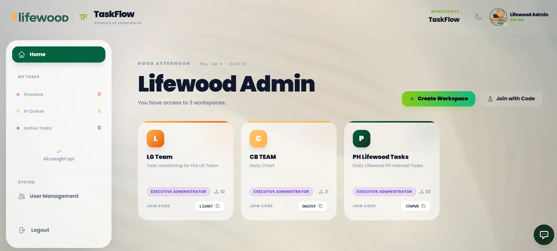 The Taskflow kanban board: task cards grouped into status columns with assignee avatars, alongside a view switcher for calendar and Gantt layouts.
