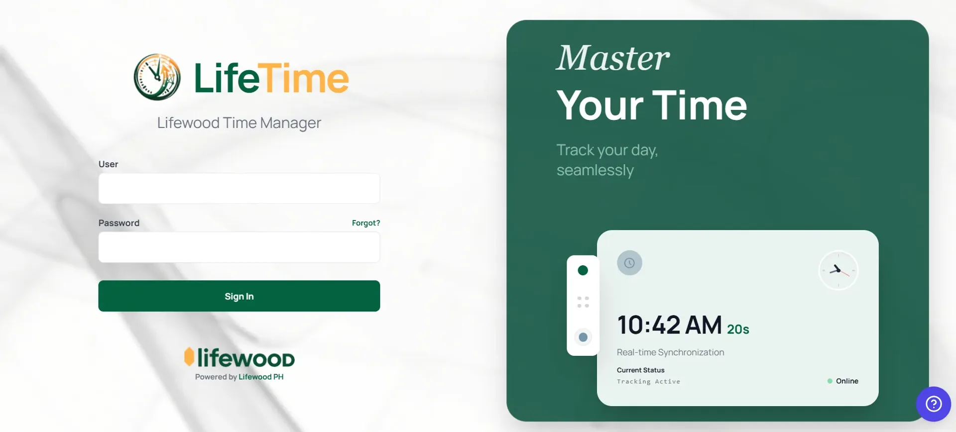 The LifeTime dashboard: a live session timer above daily, weekly, monthly and yearly hour totals, with a sortable table of past sessions below.