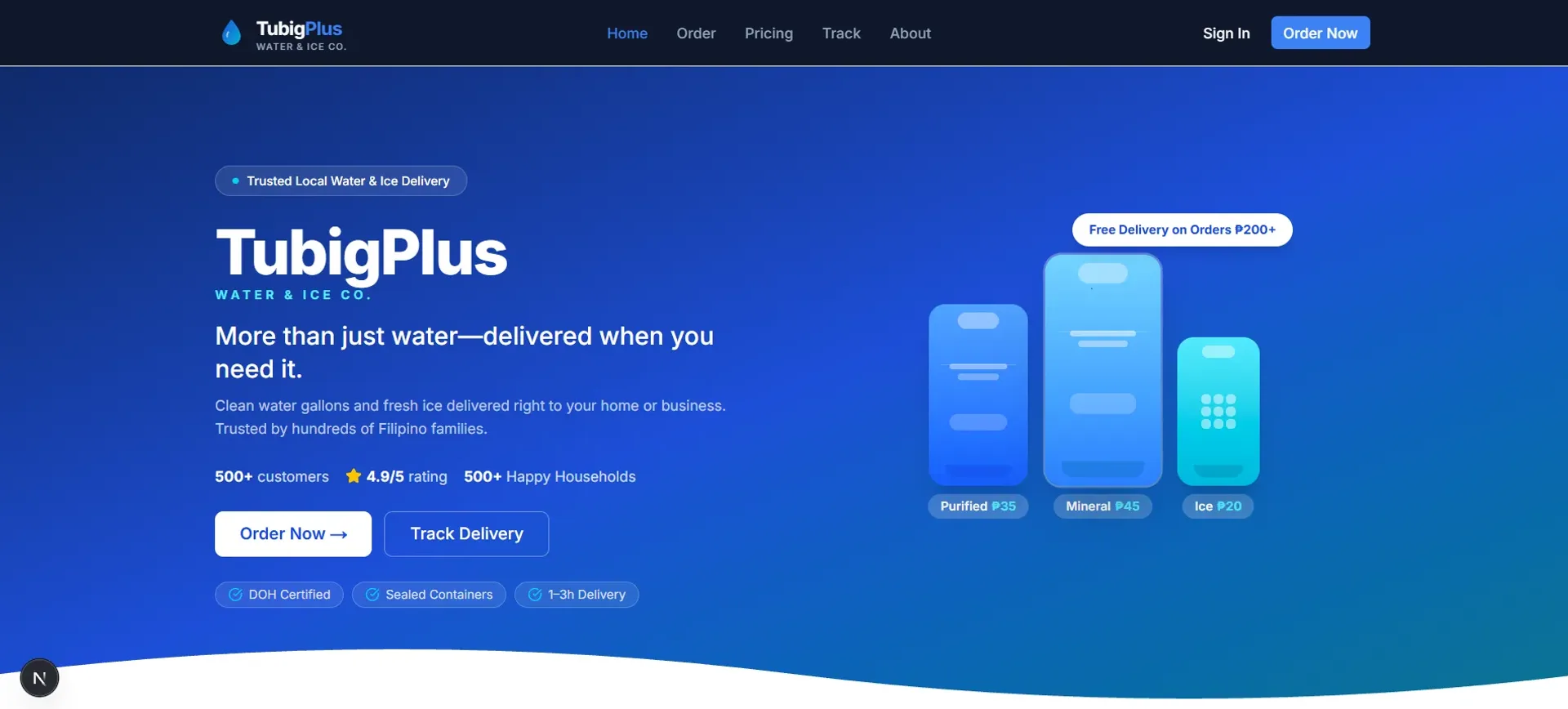 The Tubig Plus ordering screen on a phone-width layout: water and ice products with prices, a delivery timing choice, and an order tracking status strip.