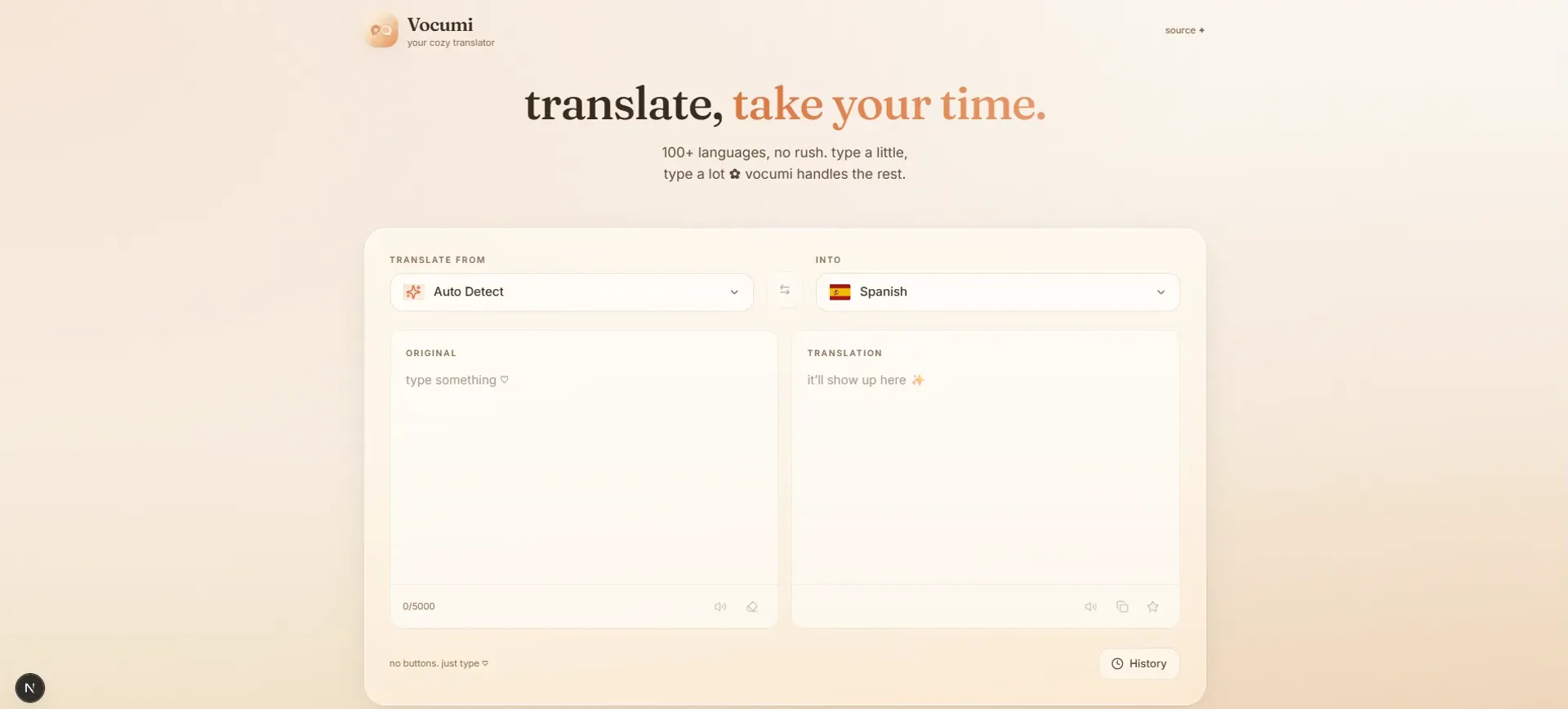 The Vocumi translator: a cream-toned two-panel layout with typed source text on the left and the serif-set translation on the right.
